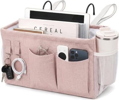 1pc Bedside Caddy Organizer with Hooks, No-Sagging Canvas Hanging Bed Pocket with Water Bottle Holder, Bedside Storage for Dorm Room Essentials, Bunk Bed Accessories, Hospital Bed Rails & Crib (pink)