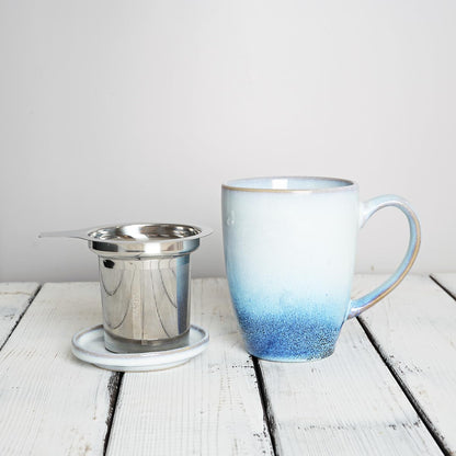 Bosmarlin Ceramic Tea Cup with Infuser and Lid, 13.5 Oz, Loose Leaf Tea Steeper Mug with Strainer, Microwave and Dishwasher Safe, Reactive Glaze (13.5 Oz, Pale Green)