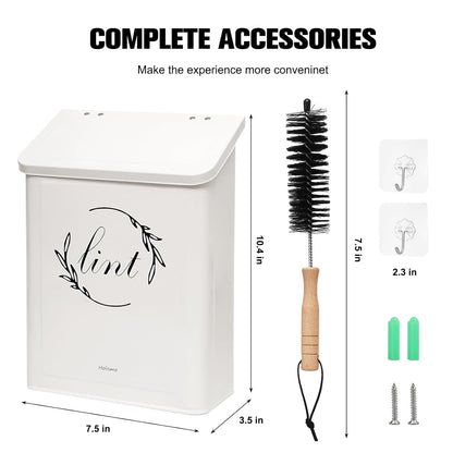 Magnetic Lint Bin for Laundry Room, Metal Lint Trash Can with Lid for Dryer, Wall Mounted Lint Holder Box with Lint Brush, Modern Farmhouse Laundry Room Decor, Cream