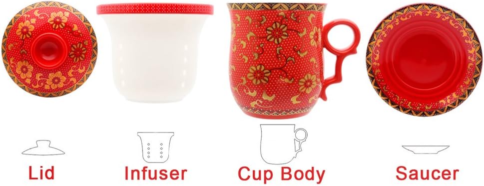 Porcelain Tea Cup with Infuser Lid and Saucer Sets - Chinese Jingdezhen Ceramics Coffee Mug Teacup Loose Leaf Tea Brewing System for Home Office