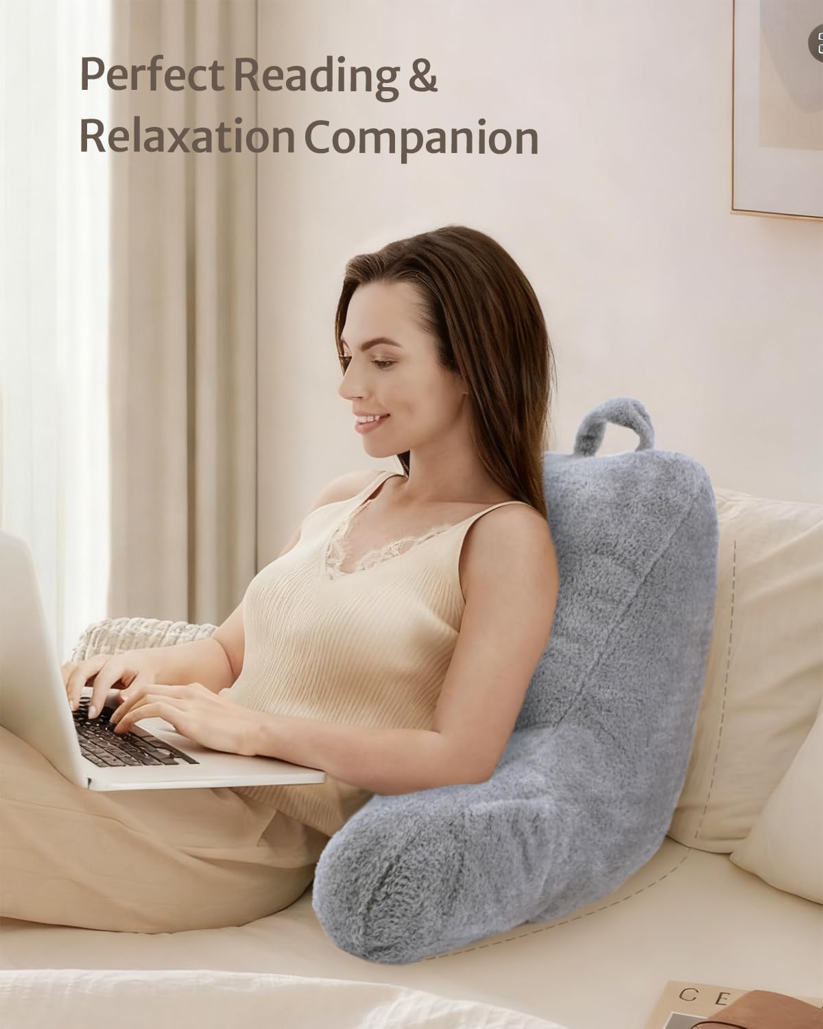 Blissful Diary Reading Pillow, Backrest Pillow with Shredded Memory Foam for Adult & Children, Designed for Bed and Couch Sitting Up, Includes Arms, Pockets and Washable Cover, Off White