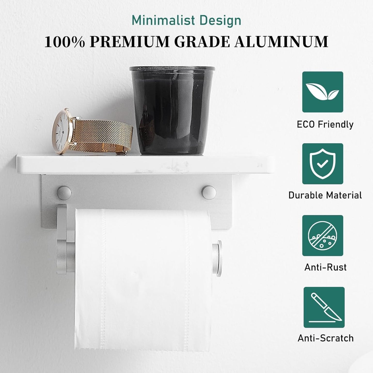 Hoimpro Toilet Paper Holder Wall Mounted, Marble Tissue Roll Rack | Brushed Gold | White Natural Marble Shelf Hand Paper Roll Holder, for Bathroom Kitchen Washroom Bedroom Aluminum