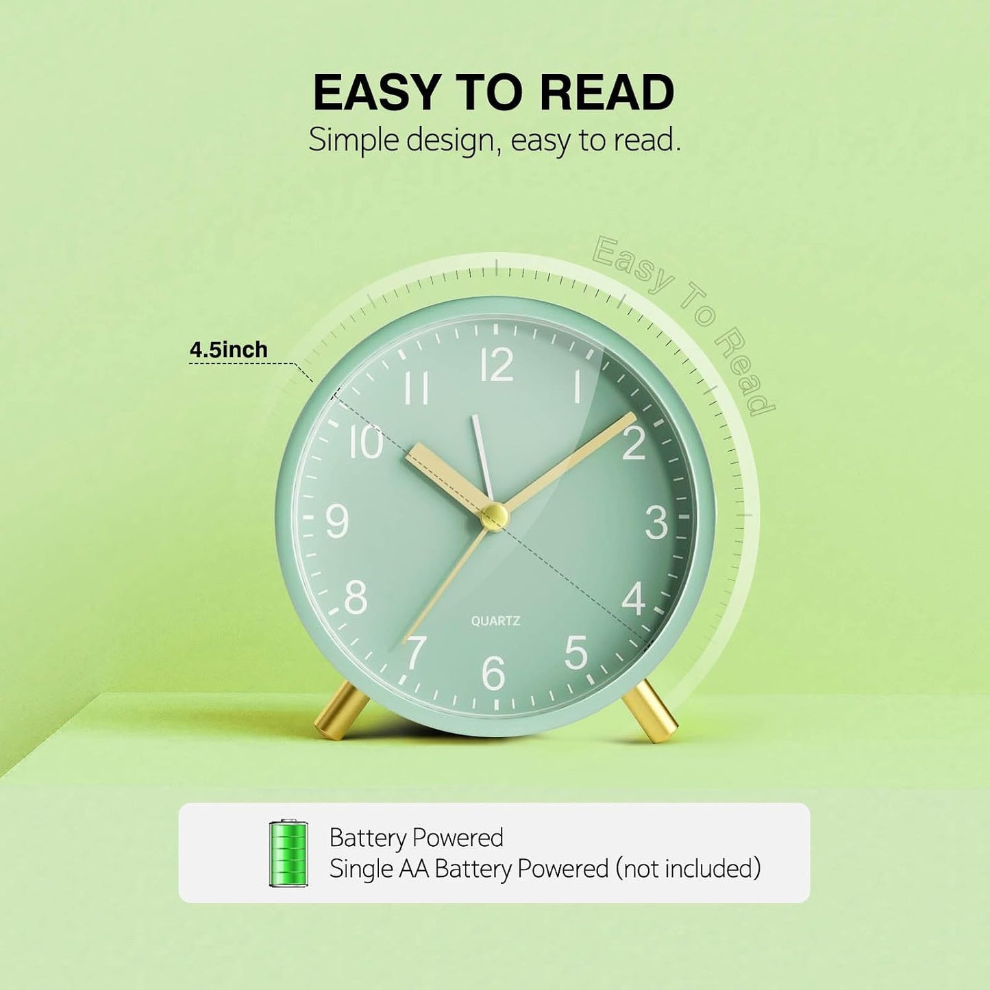 Back to School Silent Analog Quartz Alarm Clock for Kids Bedroom,Night Light, Battery Operated, Fashionable Round Metal