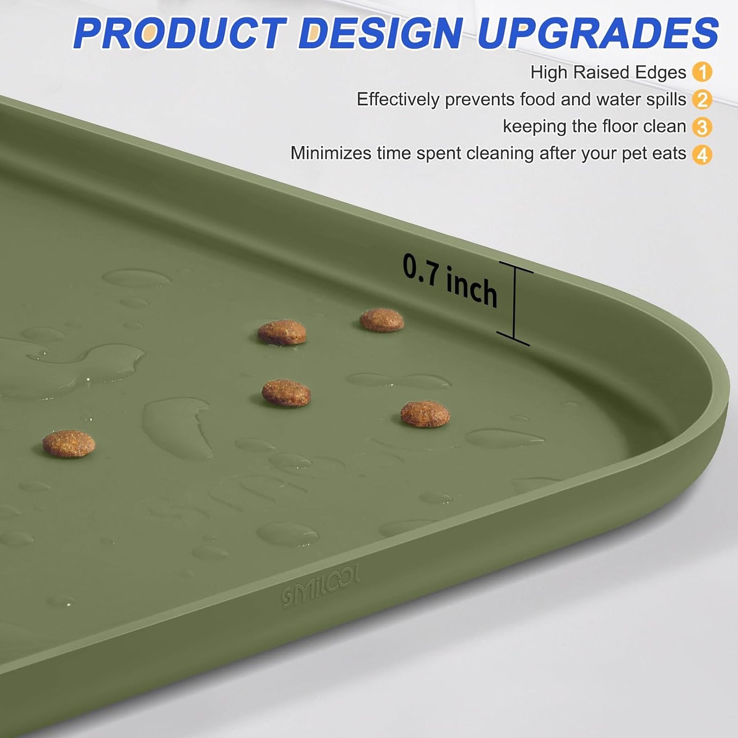 SMILOOL Waterproof Silicone Pet Food Mat with Raised Edge for Dog & Cat | 19" x 12" Non-Slip Pet Feeding Mats with Lip for Food & Water Bowl, Food Grade, Easy Cleaning, Black