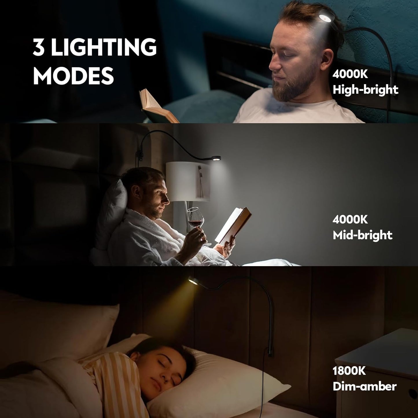 acegoo Wall Mounted Minimalist Bedside Reading Light, Wooden Headboard Mount Flexible Neck Book Light, Handy Lamp Head Switch, CRI 98+ 4000K LED, Powered by USB