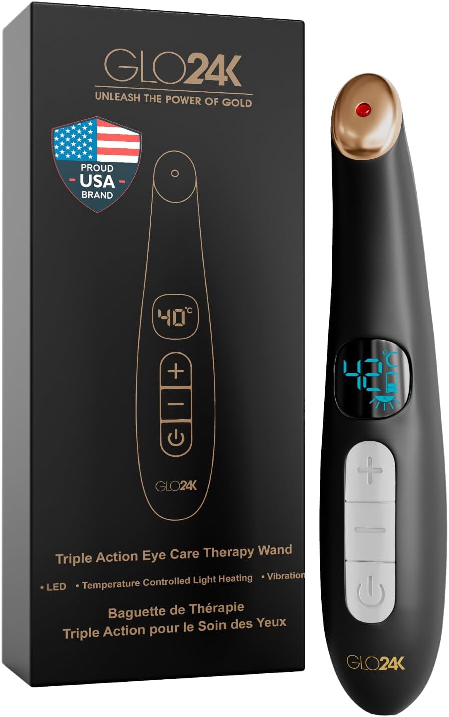 GLO24K Heated Eye Wand & Eye Massager Tool - Gentle Warmth & Vibration for Smoother-Looking Skin, Refreshing Under-Eyes Massage, Portable Beauty Device