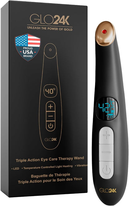 GLO24K Heated Eye Wand & Eye Massager Tool - Gentle Warmth & Vibration for Smoother-Looking Skin, Refreshing Under-Eyes Massage, Portable Beauty Device
