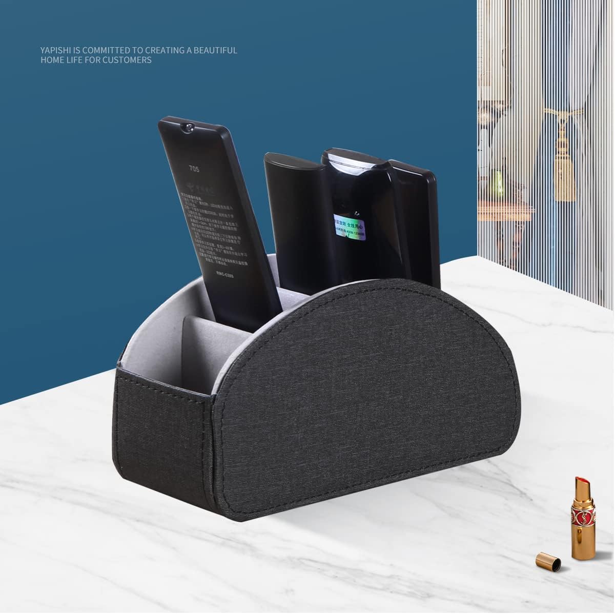 Pu Leather TV Remote Control Holder with 5 Compartments,Remote Caddy/Tray | Bedside Table Desk Storage Box/Organizer for Pen,DVD,Blu-Ray,Media Player,Heater Controller,Cosmetics,Glasses,Office Supplies