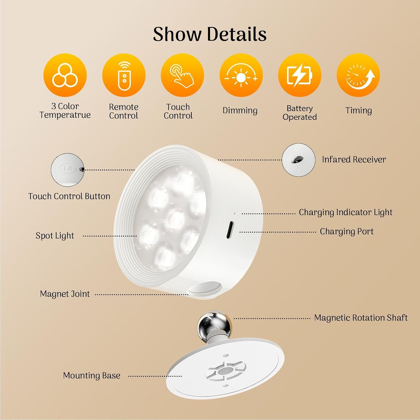 Rechargeable Wall Sconce 2 Pack, Remote & Touch Control, Dimmable | 3 Color Temps, Wireless LED Wall Lights, Magnetic Reading Light, 360° Rotating Wall Lamps for Bedroom Bedside, Living Room