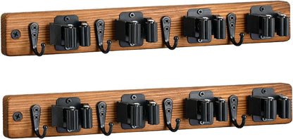Lorbro 2 Pack Broom Holder Wall Mount, Wooden Rack with 4 Slot & 4 Hook | Broom and Mop Organizer Wall Hanging, Tool Organizer for Laundry Room, Closet, Garage, Kitchen