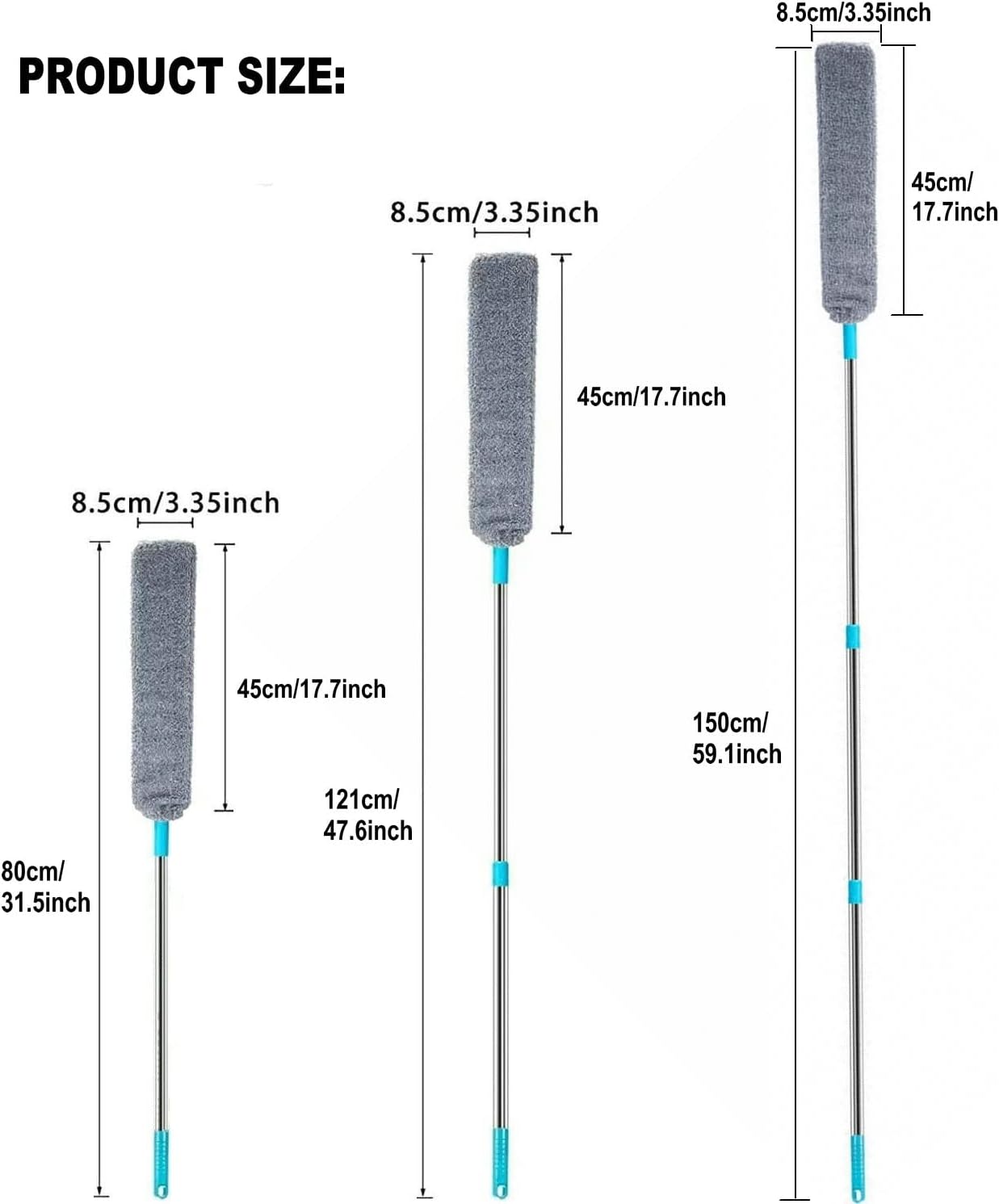 Retractable Gap Dust Clean Under Appliance Microfiber Duster Dust Cleaning Brush with Extendable 3 Pole (31.5''-59.1''),Bendable Removable Washable Gap Dust Cleaner for Sofa Bed Furniture Bottom