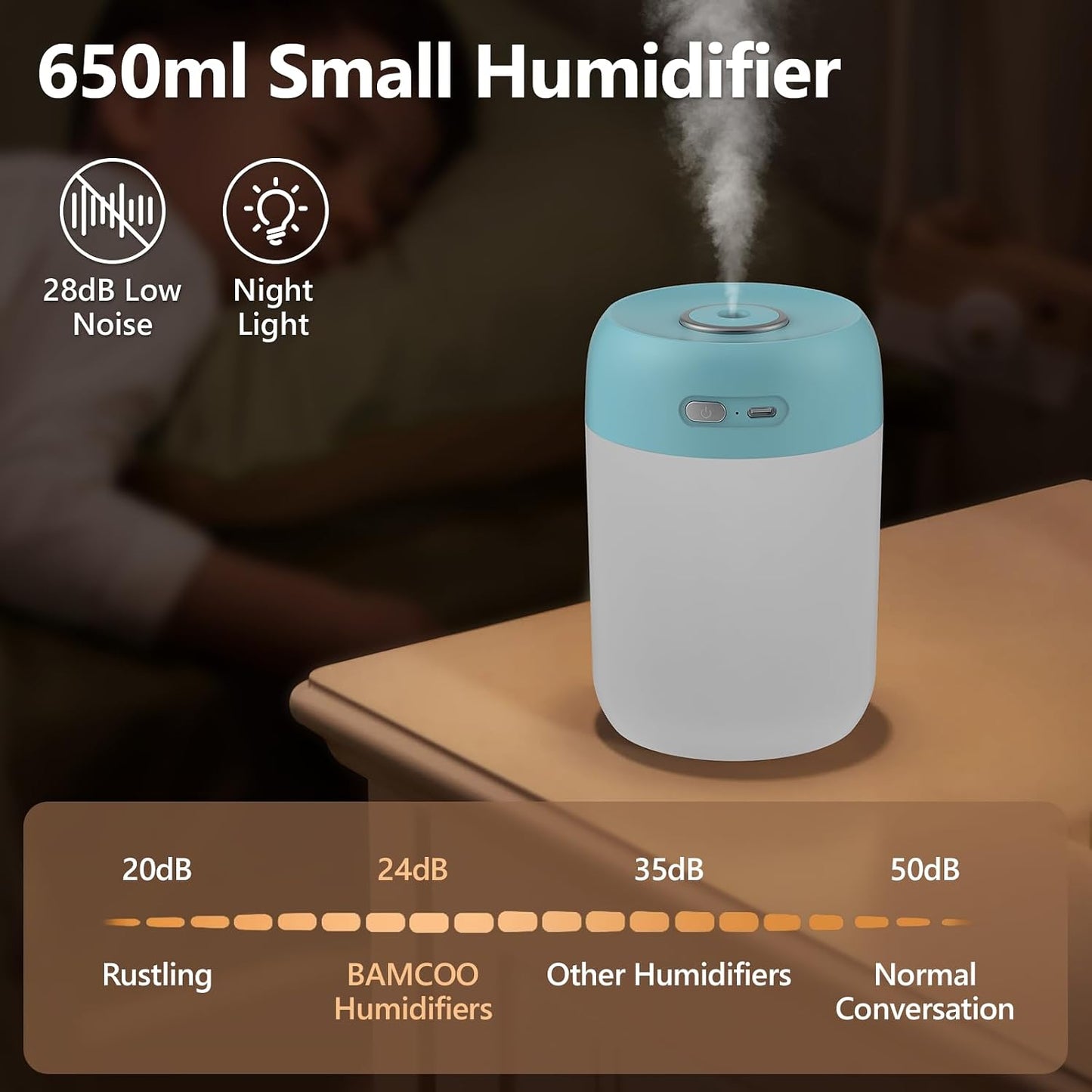 Portable Small Humidifier, 650ml Plant Humidifier, Blue | 7 Colors&Warm Light, Mini Humidifiers for Plants, Bedroom, Office, Dsektop