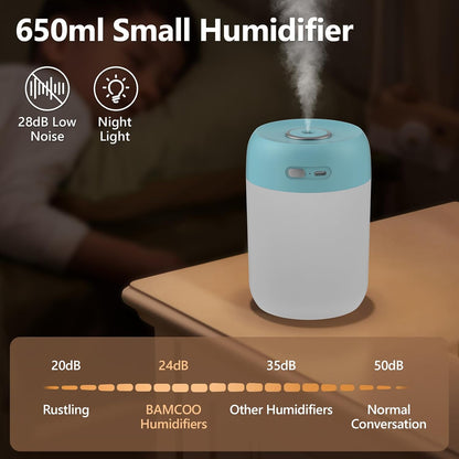 Portable Small Humidifier, 650ml Plant Humidifier, Blue | 7 Colors&Warm Light, Mini Humidifiers for Plants, Bedroom, Office, Dsektop