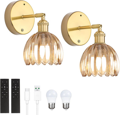 Shenmoyl Vintage Battery Operated Wall Sconce with Green Tulip Glass Lampshade Rechargeable Battery Powered Wall Light with Remote Control for Bedside Bedroom Doorway