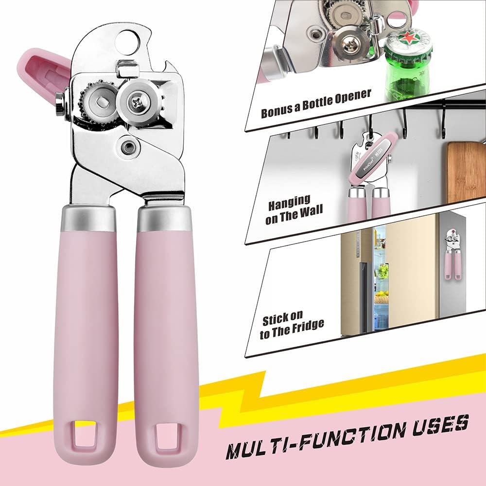 [Smoother Cut] PrinChef Manual Can Opener with Magnet, Improved Handle for More Comfortable Grip, Handheld Can Openers for Seniors, Heavy Duty Can Opener Smooth Edge, Bottle Opener Easy to Use, Black