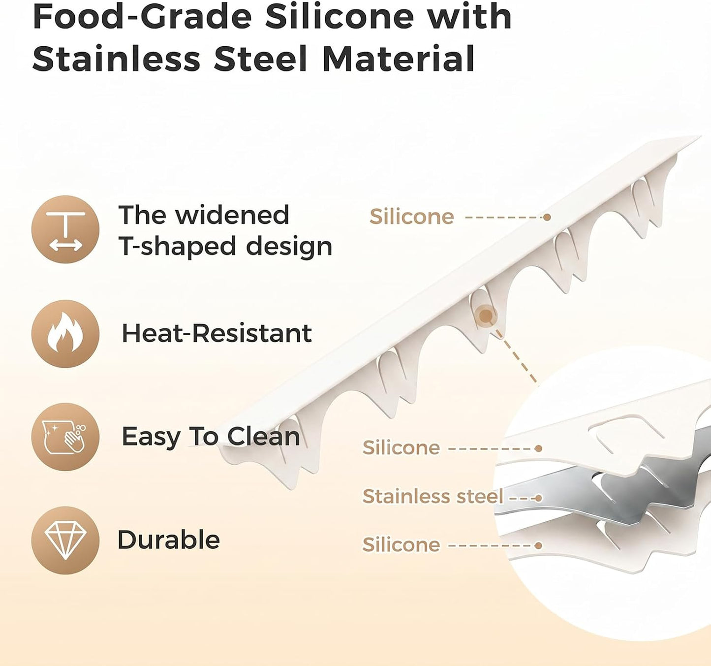 Silicone Stove Gap Covers with Stainless Steel, Oven Gap Filler Seals Gaps Between Stovetop and Counter, Stove Gap Guards Range Trim Kit, Easy to Clean Stove Gap Guard (Black 2 Pack,25")