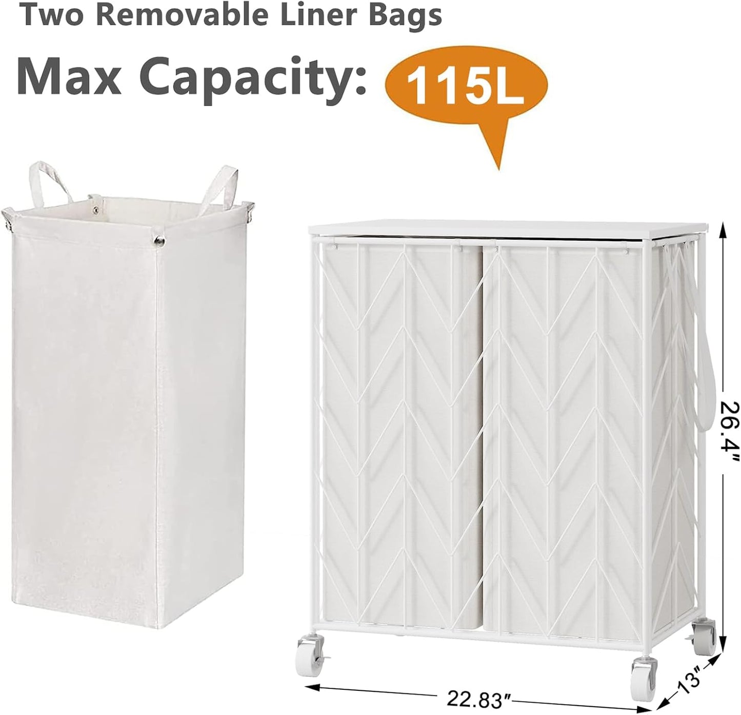 WOWLIVE Laundry Hamper 3 Section with Lid, 142L Laundry Basket with Wheels | Rolling Dirty Clothes Hamper with Removable Bags, Large Iron-Made Laundry Basket Organizer Laundry Sorter for Dorm, Beige
