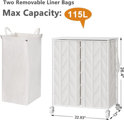 WOWLIVE Laundry Hamper 3 Section with Lid, 142L Laundry Basket with Wheels | Rolling Dirty Clothes Hamper with Removable Bags, Large Iron-Made Laundry Basket Organizer Laundry Sorter for Dorm, Beige