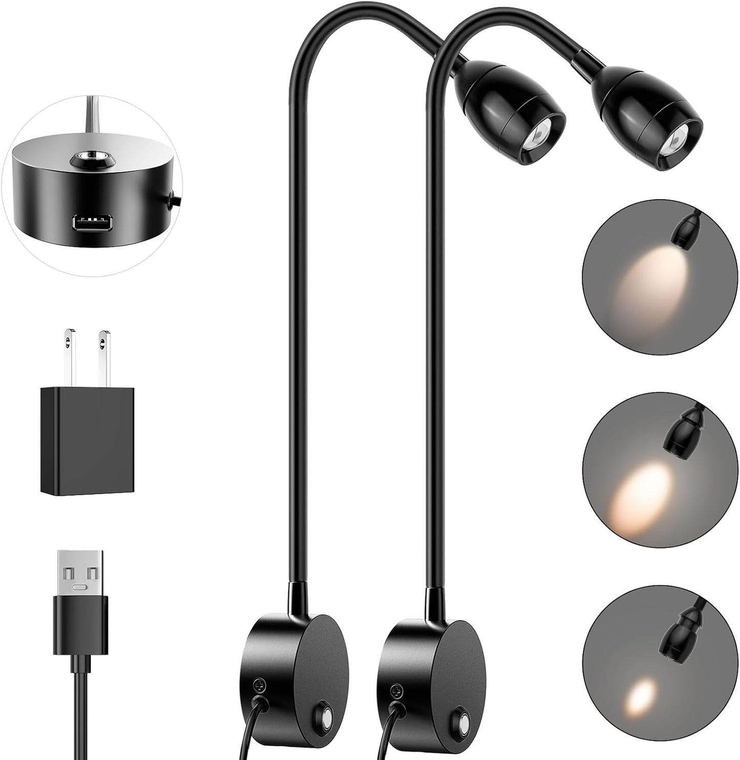 Wall Mounted LED Reading Light with 15" Flexible Gooseneck, Dimmable Book Light for Reading In Bed with USB Charging Port, Plug In Headboard Night Lights, 3 Colors Temperature, Touch Control-2 Pack
