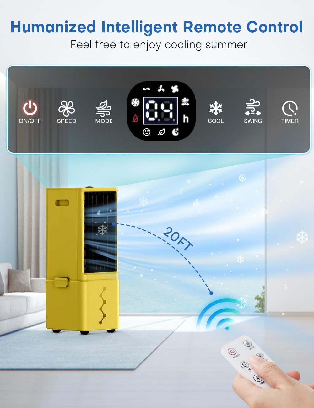 Portable Air Conditioners 4 Modes&3 Speeds,4 Ice Packs, Waterless Alert System, 12H Timer, Remote,1 Gal Detachable Water Tank, 70°Oscillation Windowless Evaporative Air Cooler for Room Office