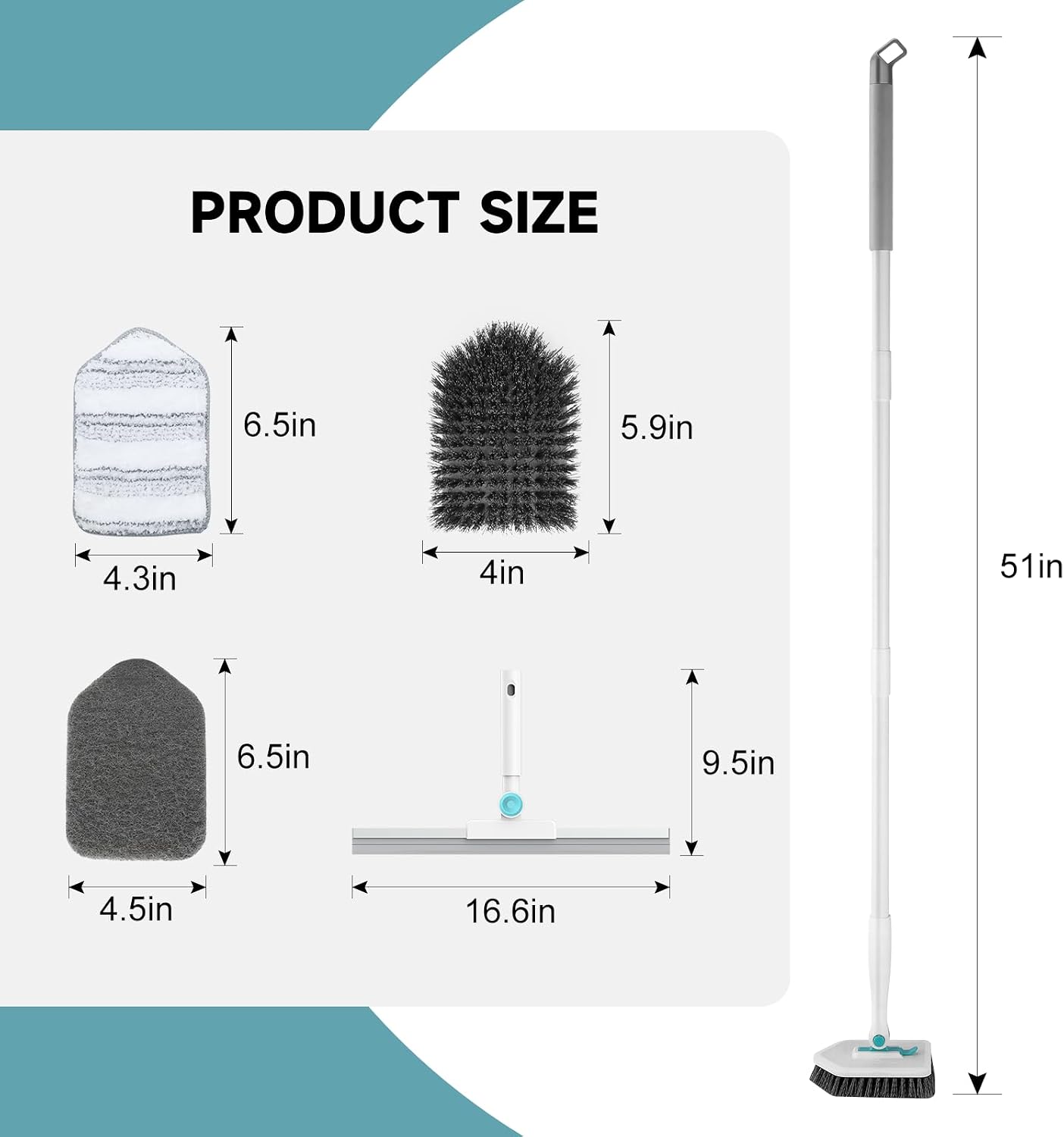 nacena Shower Scrubber with Long Handle, 4 in 1 Tile Tub Scrubber Brush with 3 Detachable Cleaning Heads and V-Shaped Grout Brush Shower Cleaner Brush for Bathroom Kitchen Toilet Tub Sink Wall, Black