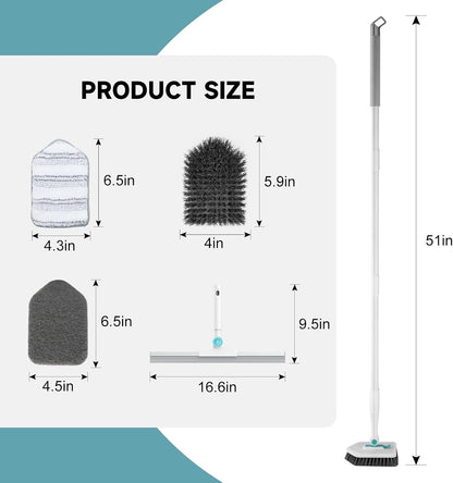 nacena Shower Scrubber with Long Handle, 4 in 1 Tile Tub Scrubber Brush with 3 Detachable Cleaning Heads and V-Shaped Grout Brush Shower Cleaner Brush for Bathroom Kitchen Toilet Tub Sink Wall, Black