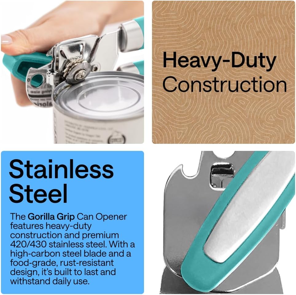GORILLA GRIP Original Model Stainless Steel Smooth Edge Manual Can Opener and Bottle Openers, US Designed, Comfortable Handle, Oversized Handheld Turn Knob, Multifunctional Kitchen Tool, Gray
