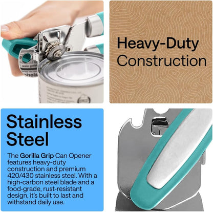 GORILLA GRIP Original Model Stainless Steel Smooth Edge Manual Can Opener and Bottle Openers, US Designed, Comfortable Handle, Oversized Handheld Turn Knob, Multifunctional Kitchen Tool, Gray