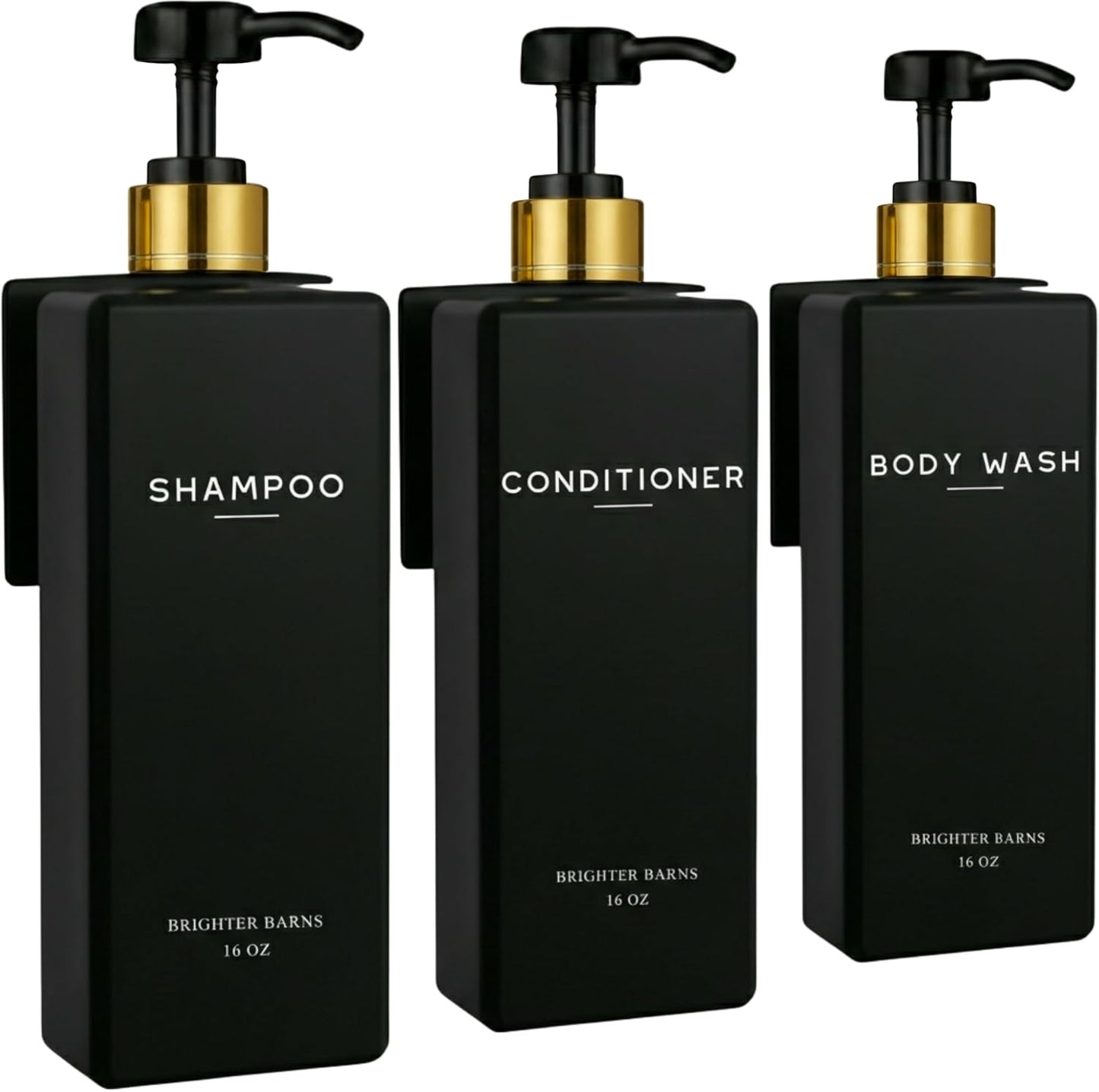 Clear Shampoo and Conditioner Dispenser Set Wall Mounted by Brighter Barns - Refillable Shower Soap Dispensers 3 Chamber No Drill - Plastic Shampoo, Body Wash and Conditioner Bottle for Hotels (Clear)