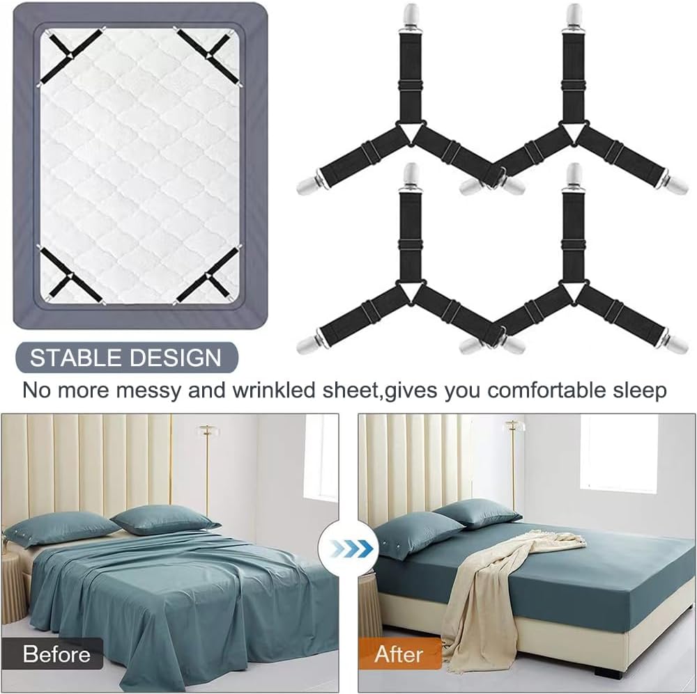 Bed Sheet Holder Straps, Upgrade Non Slip Sheet Clips, Fitted Sheet Holders for Corners, Easy Install Adjustable Elastic Firm Tight Accessories, 4Pcs/Set Black
