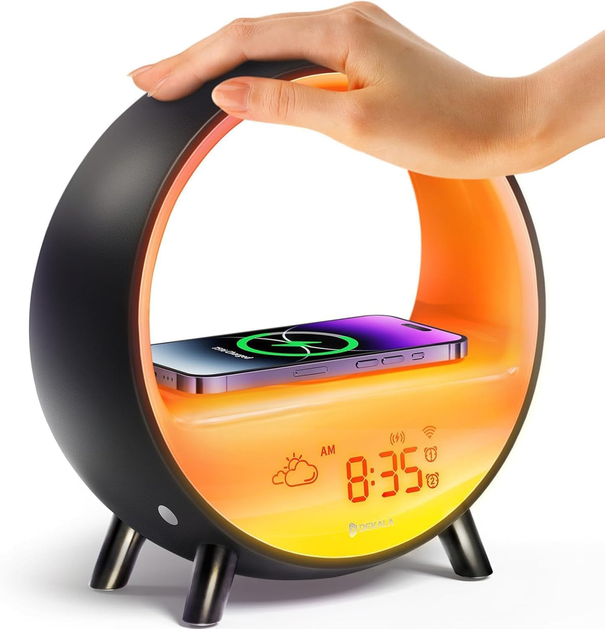 Dekala Arches Sunrise Alarm Clock Sunset White Noise Sound Machine Sleep Timer Loud Alarm Clock for Heavy Sleepers Natural Sound Wake-Up Light 15W Wireless Charging Customizable Snooze 5G WiFi App