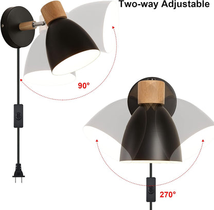 Wall Sconces Plug in, Swing Arm Wall Lamp with Power Cord, White Plug in Wall Lighting Fixtures Set of Two, Bedside Wall Mounted Reading Lamp with Switch, for Bedside Bedroom Hallway
