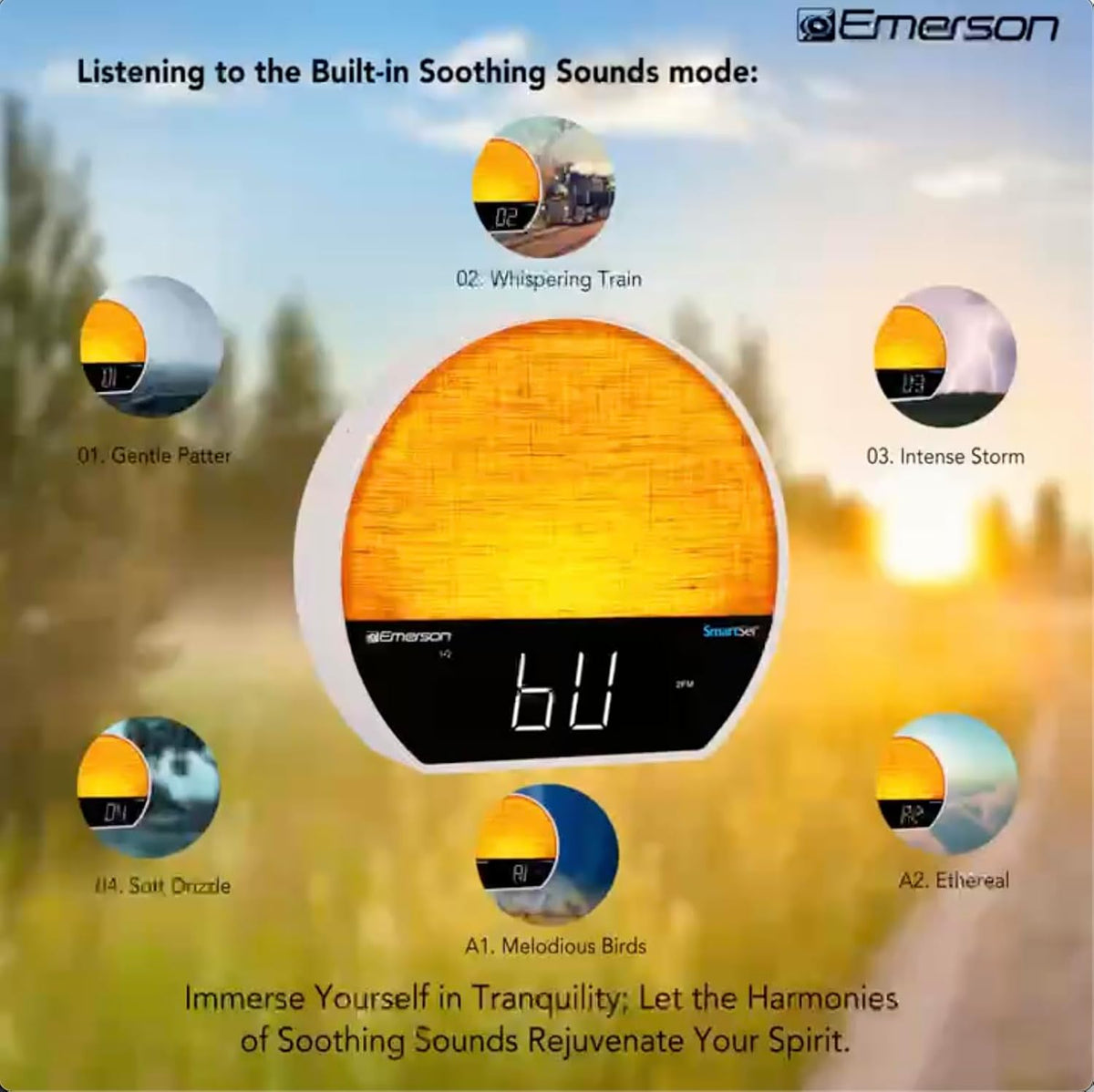 Emerson Sunrise SmartSet Dual Alarm Clock with Nature Sounds and White Noise, Dimmable 8-Color LED Display, Bluetooth Speaker, 4 Soothing Sounds, 2 Alarm Sounds, LED Clock Display, FM Radio