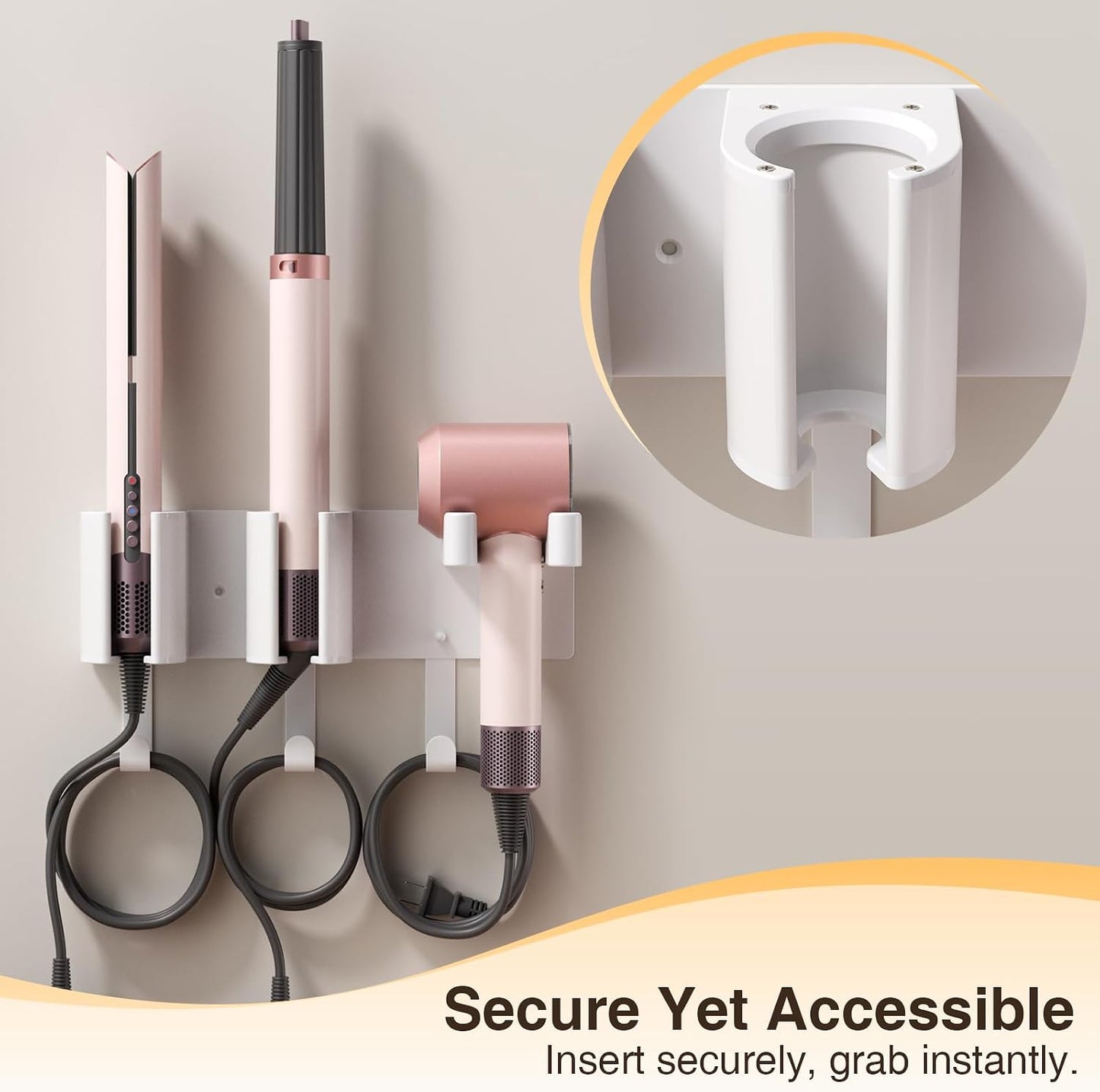 Hair Tool Organizer Wall Mount, Hair Dryer & Curling Iron Storage | 3-Compartment Blow Dryer and Straightener Holder, Screw Mounting, Aluminum Alloy & ABS, White (Hair Tools Not Included)