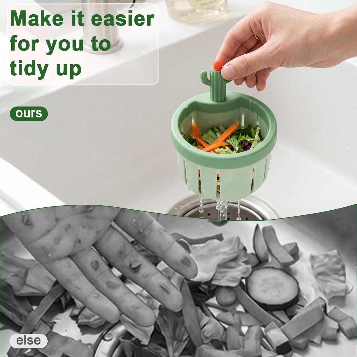 2026 New Cactus Sink Strainer Basket, Upgrade Multifunctional Kitchen Sink Drain Strainer Press Automatic Dumping Basket Anti-Clogging, 2 Pack (Green+Yellow)