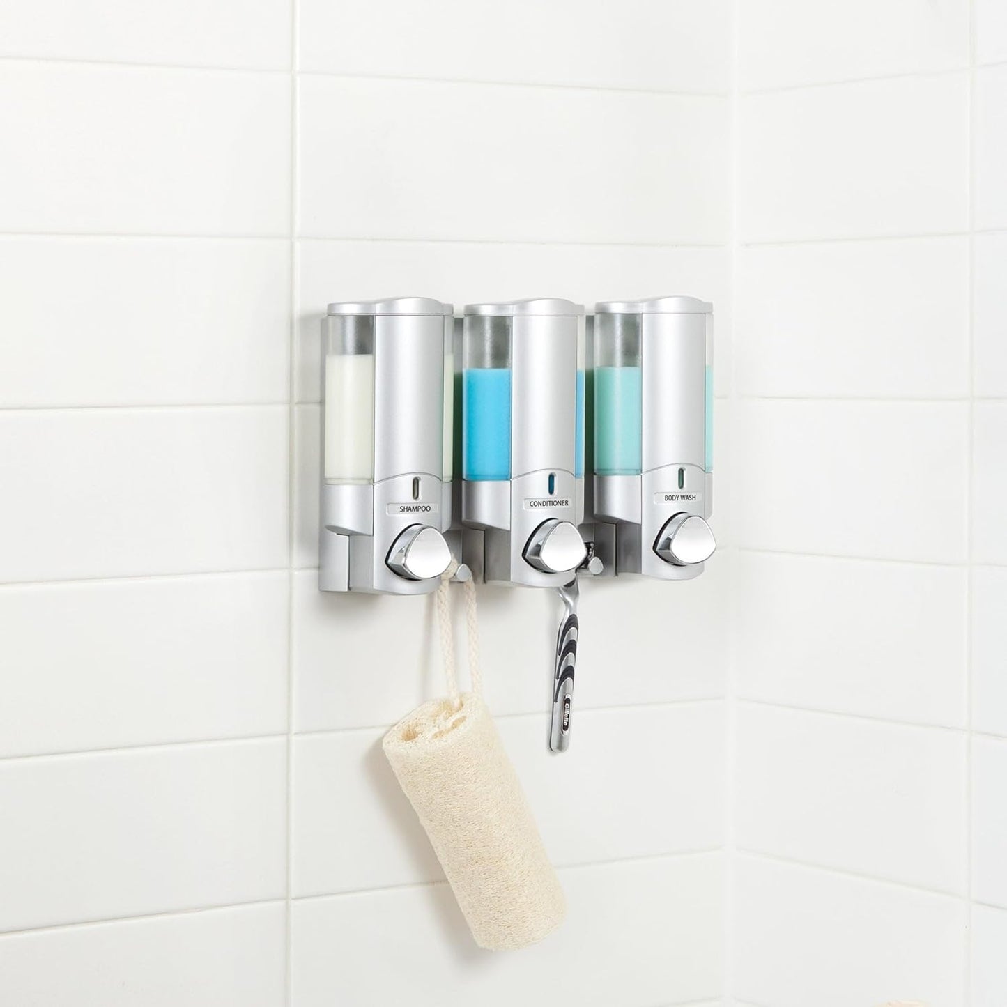 Better Living Aviva Wall Mount Shower Dispenser, 3 x 11 oz, Satin Silver | 3 Chamber, Shower Dispenser for Bathroom, Built-in Hooks, No Drill, Waterproof Dispenser Pump