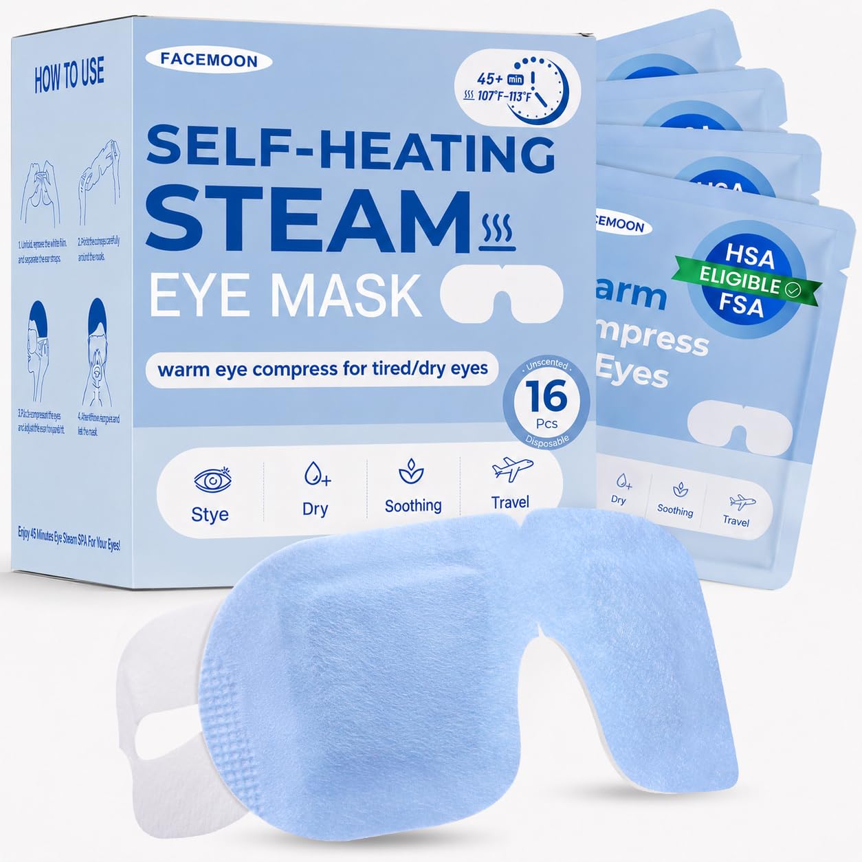 16 Pack Self-Heating Steam Eye Mask, Moist Warm Compress for Stye, FSA&HSA | Disposable Unscented Dry Eye Pads, Heated Eye Masks, Travel Essentials, Spa, Self-Care Eye Care Relaxation Gift
