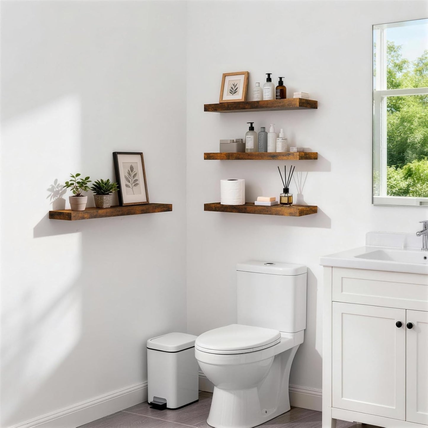 BAYKA Rustic Brown Floating Shelves 22.5in, Set of 2, Wall Mount Wood Shelf | Easy Install, 22lbs Max Load, Hidden Bracket, for Bathroom Bedroom Living Room or Kitchen, Hanging Shelf Book Decor Storage