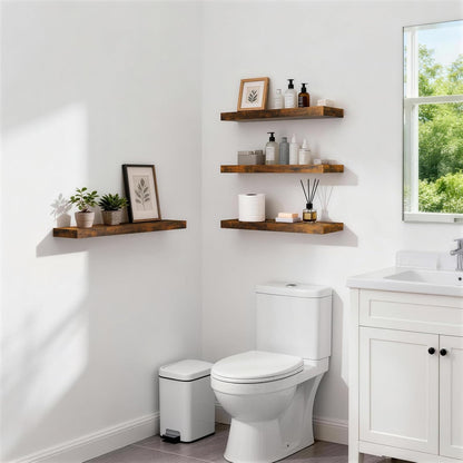 BAYKA Rustic Brown Floating Shelves 22.5in, Set of 2, Wall Mount Wood Shelf | Easy Install, 22lbs Max Load, Hidden Bracket, for Bathroom Bedroom Living Room or Kitchen, Hanging Shelf Book Decor Storage