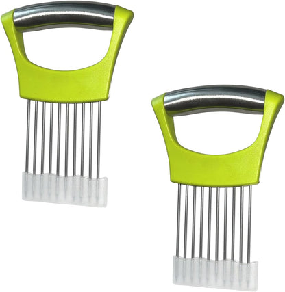2 PCS Onion Slicer Holder – Stainless Steel Meat Holder, Meat Chopper | Multi-Purpose Kitchen Safety Tool for Fruits, Vegetables & Meat | Easy Clean, Uniform Slices | (Green)