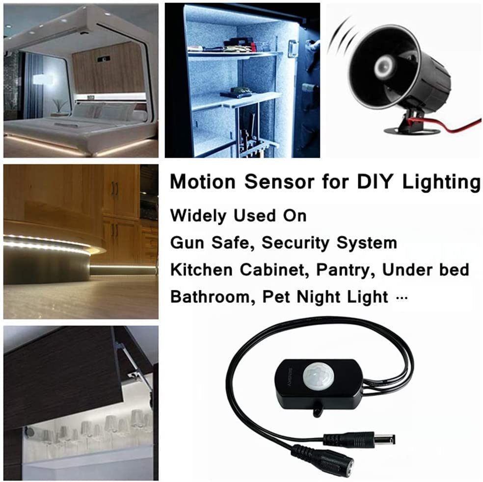 SENSKY BS010L DC 12V to 30V 3A Mini Pir Motion Sensor Switch,Occupancy Sensor Switch for Gun Safe, Kitchen Cabinet, Pantry, Closet led lighting (Black-With Light Sensor)