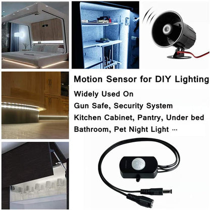 SENSKY BS010L DC 12V to 30V 3A Mini Pir Motion Sensor Switch,Occupancy Sensor Switch for Gun Safe, Kitchen Cabinet, Pantry, Closet led lighting (Black-With Light Sensor)