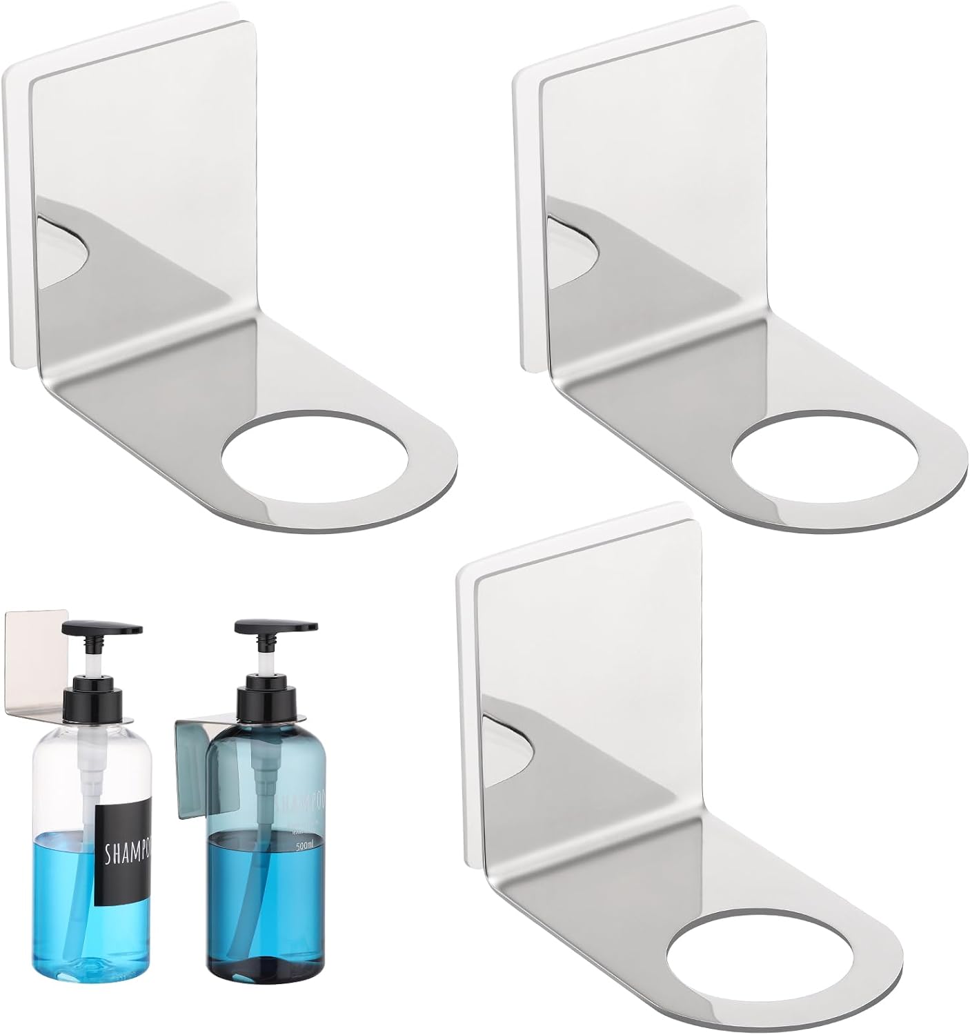 Segbeauty Stainless Adhesive Shampoo Bottle Holder, Dia 1.3inch 3.3cm Non-Drill Soap Dispenser Holder Set Silver, 3pcs Rustproof Shampoo Holder for Shower, Bottle Wall Mounted Rack for Toilet Kitchen