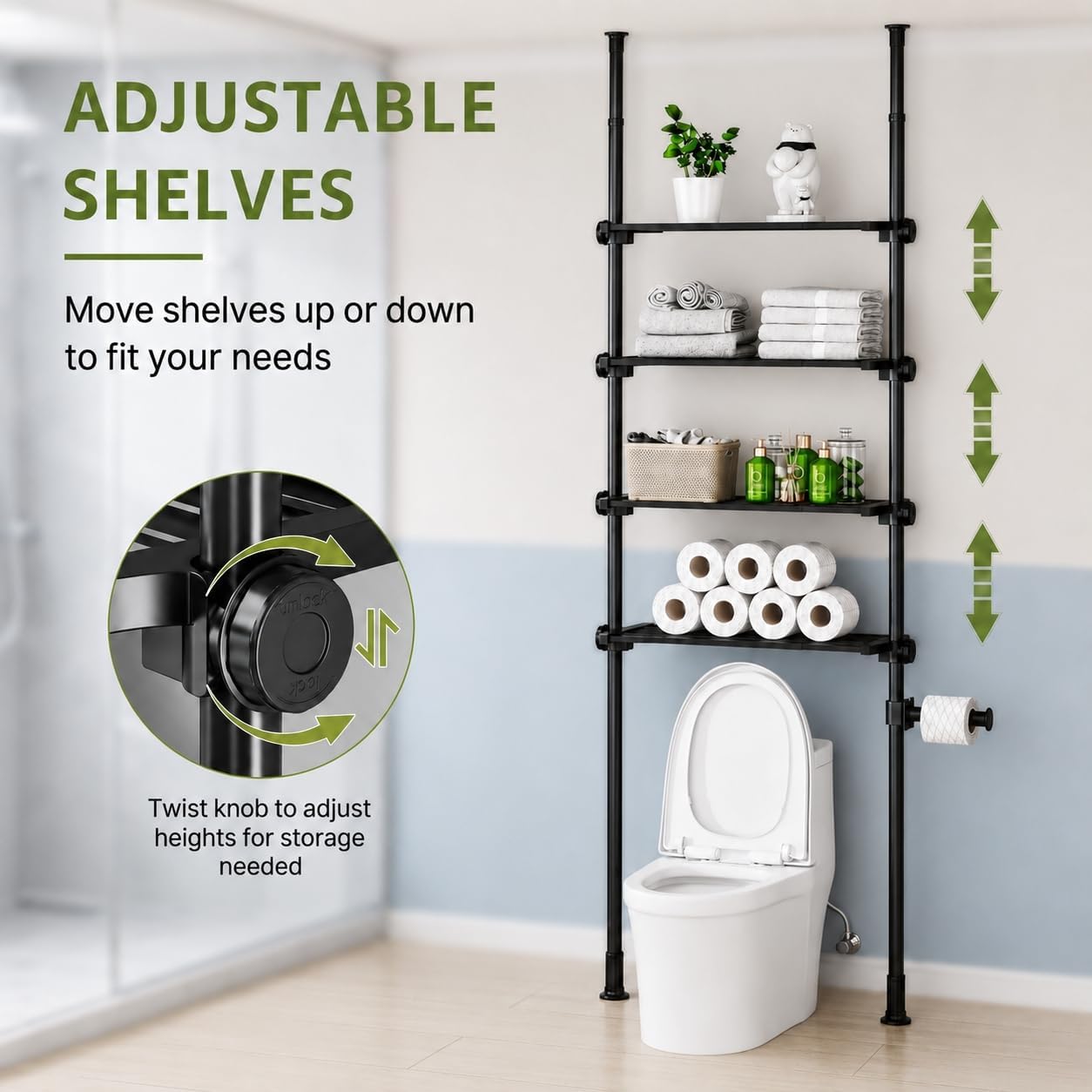 ALLZONE Adjustable Over The Toilet Storage Shelf, 4-Tier Ample Bathroom Organizer and Storage, Tension Mounted Above Toilet Storages Cabinet for Versatility, Fits 66-113 Inch Heights, Black