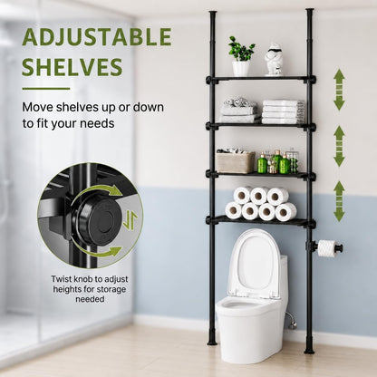 ALLZONE Adjustable Over The Toilet Storage Shelf, 4-Tier Ample Bathroom Organizer and Storage, Tension Mounted Above Toilet Storages Cabinet for Versatility, Fits 66-113 Inch Heights, Black