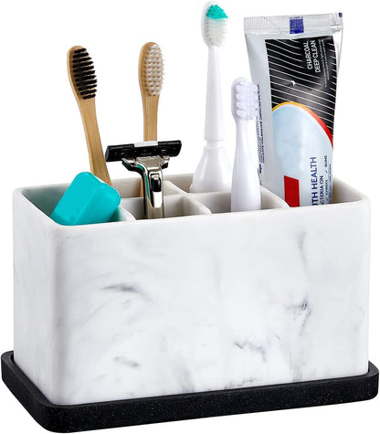 Marble Look Toothbrush Holder for Bathroom Countertop Organizer, Holds Toothpaste, Dental Floss, Razor, Comb, Makeup Brushes, and More, Stylish Bathroom Accessory for Tooth Brushing Essentials