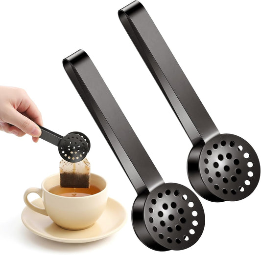 Stainless Steel Teabag Squeezer Tea Tongs Filter Spoon, 2 PCS Tea Bag Squeezer Tongs, Round Teas Bag Clip Clamp for Home Kitchen Bar Tools Teas Drinkers Accessories (Black)
