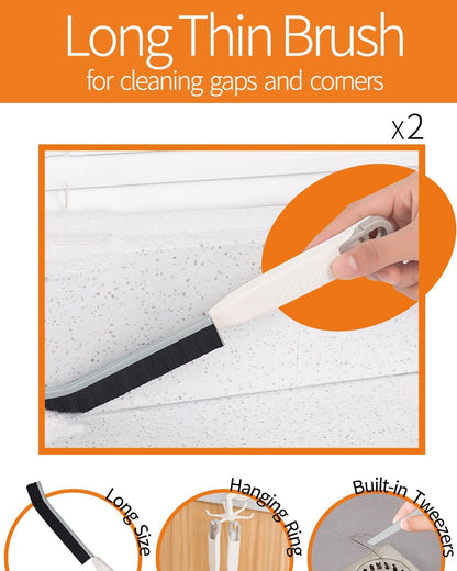 Window Sill Cleaner Tool, Sliding Door Track Cleaner, 8-Piece Brush Kit | Hard Bristle, Crevice and Sponge Brushes with Replacement Heads for Window Grooves, Shower Tracks, Grout, Sinks and Vents
