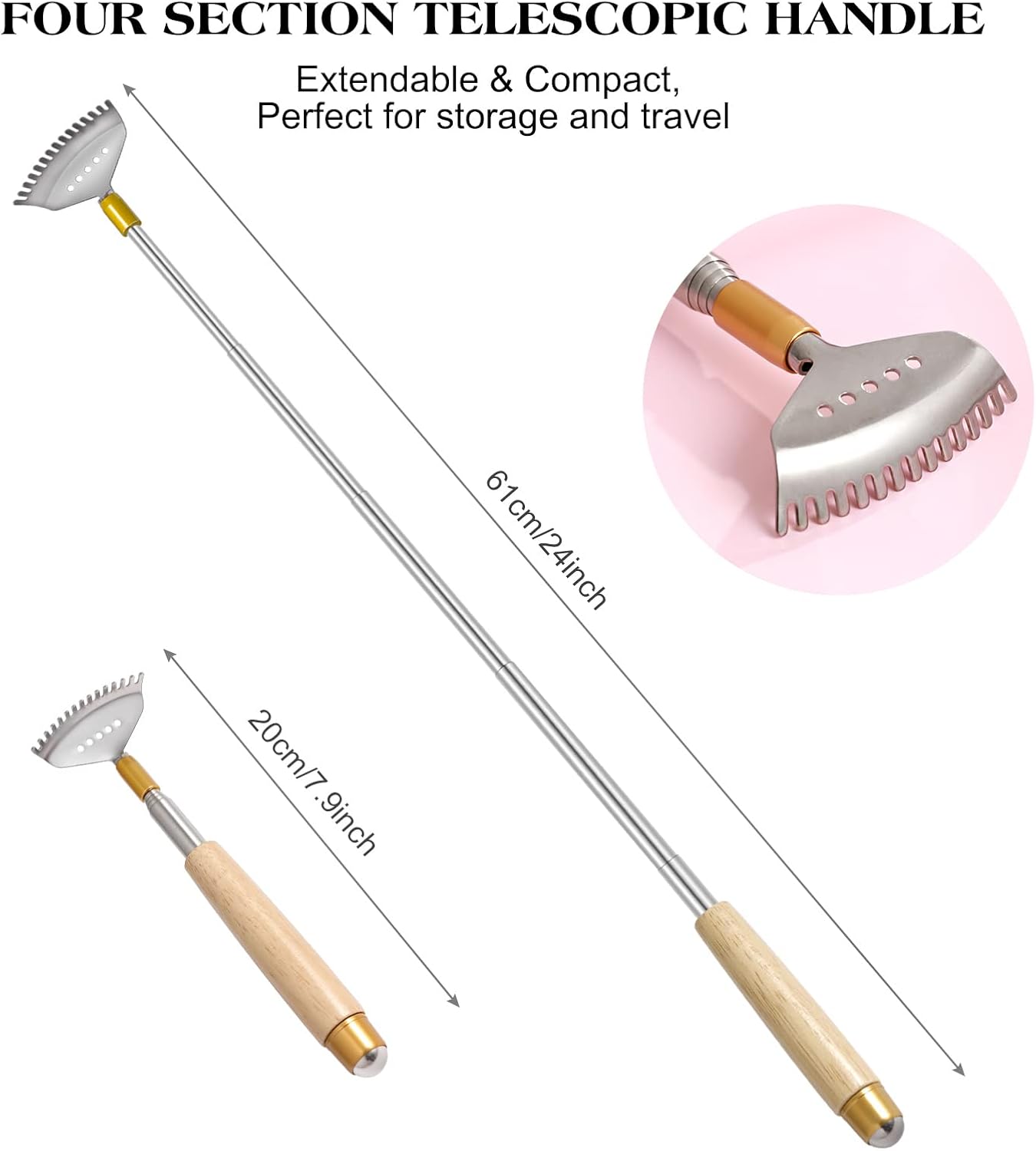 Large Back Scratcher, Body Scratcher for Adults Extendable Long 24Inch, Thick Wooden Handle Steel Massage Roller, Extra Wider Rake Claw, Sturdy Backscratchers Hand Massager Tool | Self Body Massage Tool