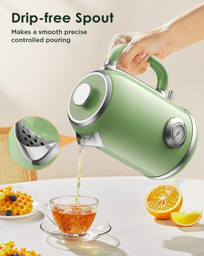 Electric Kettle 1.8L with Temperature Gauge, 1500W Fast Boiling Electric Tea Kettle, 100% Stainless Steel Retro-Style Hot Water Kettle Electric - Glowing LED Light, Auto Shut-Off & Boil-Dry Protection